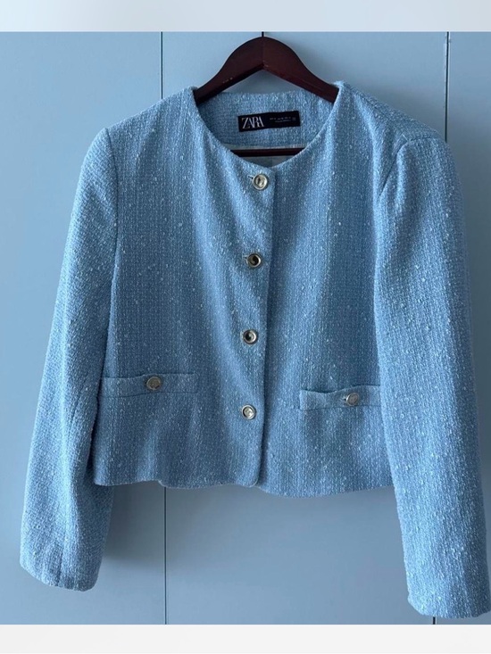 Zara Jackets & Blazers - Zara Light Blue Tweed Cropped Jacket